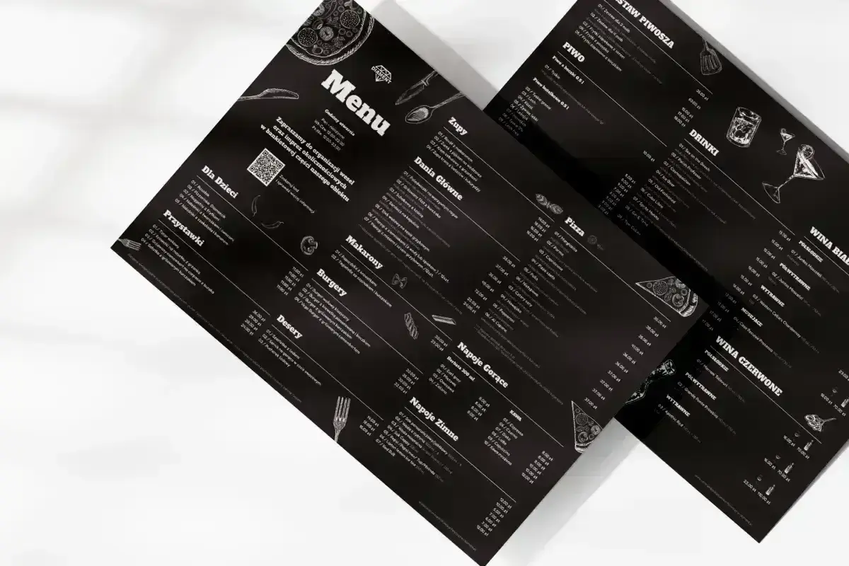 Menu w stylu a la carte, czarne tło, białe litery. Widoczne sekcje: Zupy, Dania Główne, Pizza, Makaron, Burgery, Desery, Napoje Gorące i Zimne, Piwo, Drink, Wina.