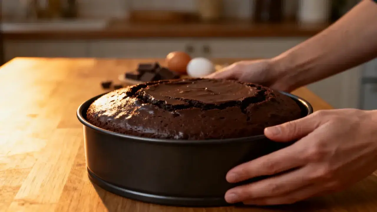 Un délicieux gâteau au chocolat facile, tout juste sorti du four, avec des ingrédients comme des œufs et du chocolat en arrière-plan.
