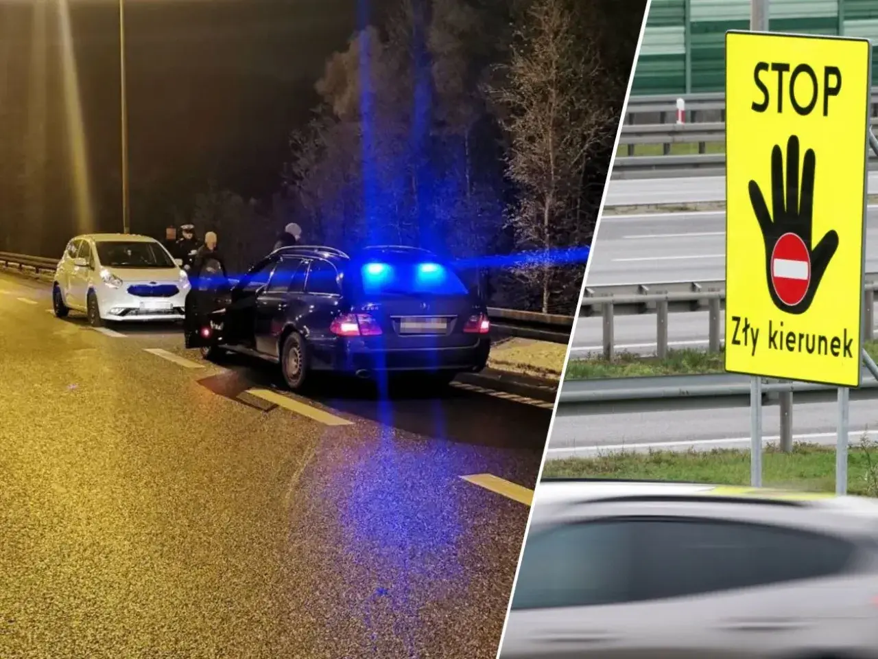 Na drodze ekspresowej zatrzymano kierowcę, który próbował zawrócić. Znak "STOP zły kierunek" ostrzega przed niebezpieczeństwem.