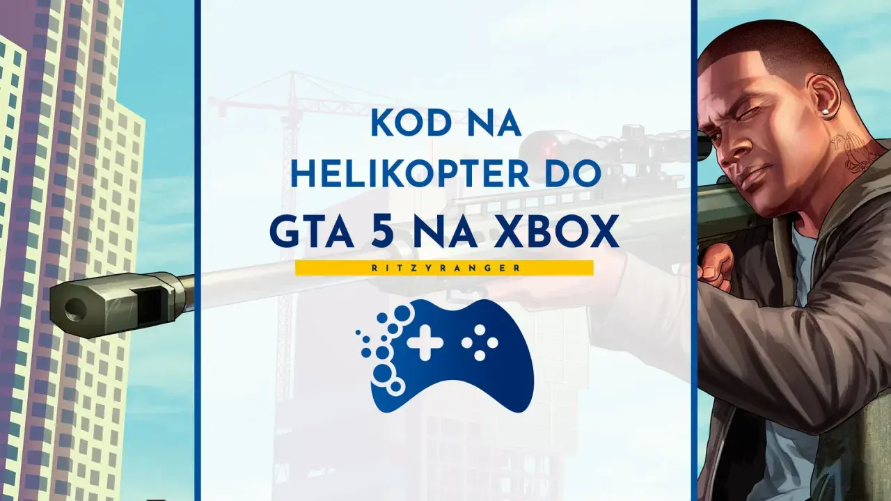 Kod na helikopter do GTA 5 na Xbox. Franklin celuje ze snajperki, a w tle widać wieżowce i dźwig.