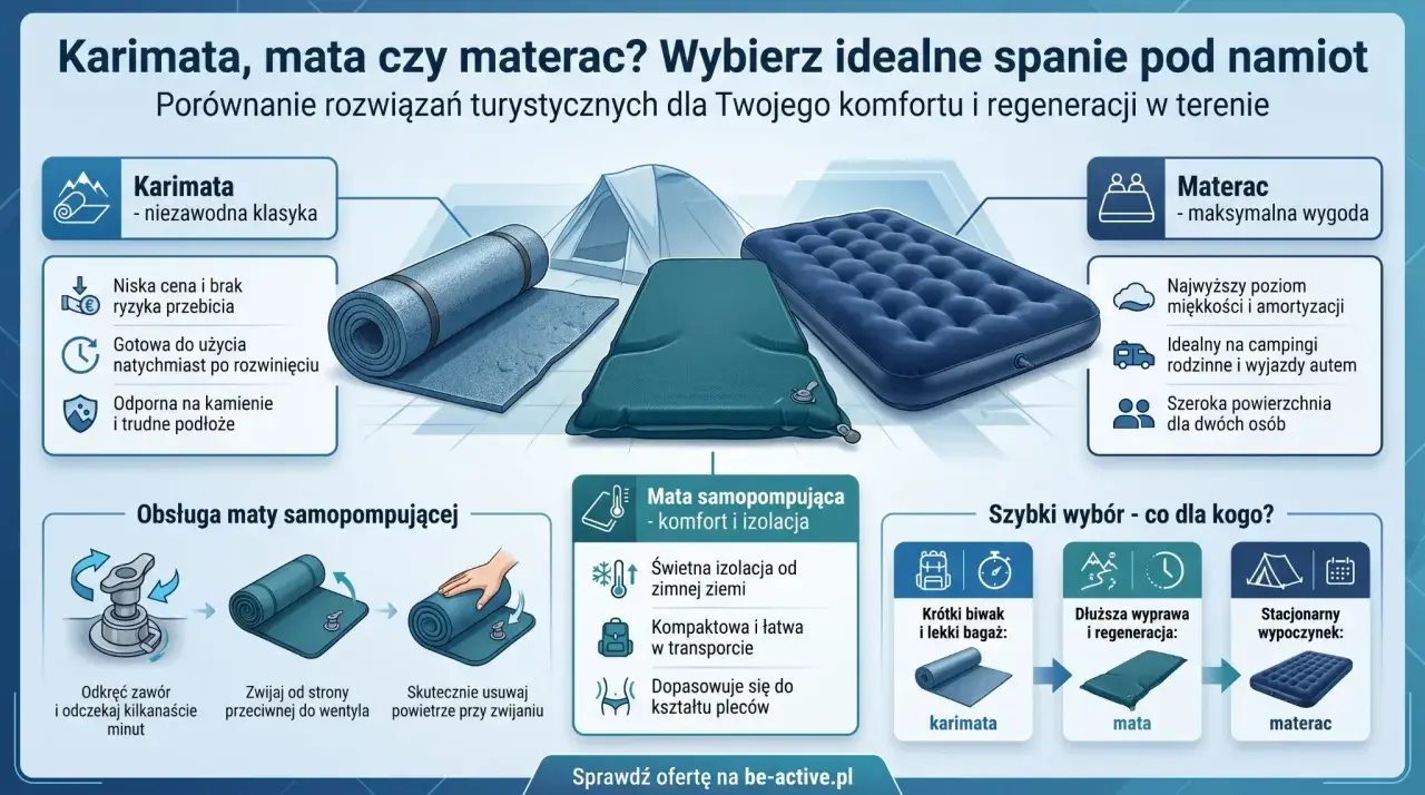 Jak działa mata samopompująca: odkręć zawór, poczekaj, zwiń. Idealna na dłuższą wyprawę i regenerację.