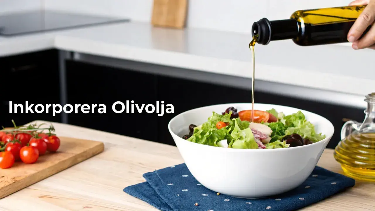 En hand häller olivolja över en fräsch sallad. Tänk på olivolja kalorier för en balanserad kost.