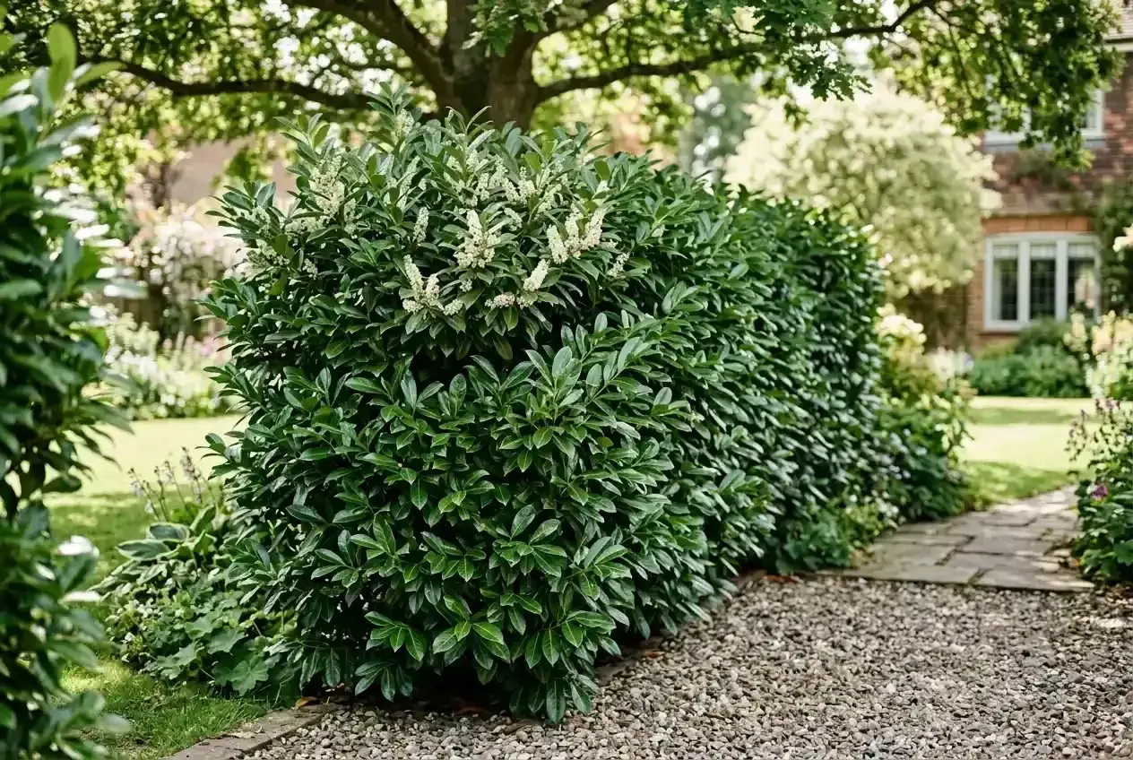 Ein üppiger Kirschlorbeer mit weißen Blüten, ideal für eine Hecke. Wann pflanzen? Am besten im Frühjahr oder Herbst für gutes Anwachsen.