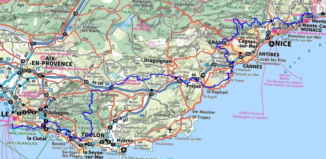Carte de la région PACA, avec les routes et villes principales comme Aix-en-Provence, Nice, Cannes, Toulon. La gr 51 est visible.