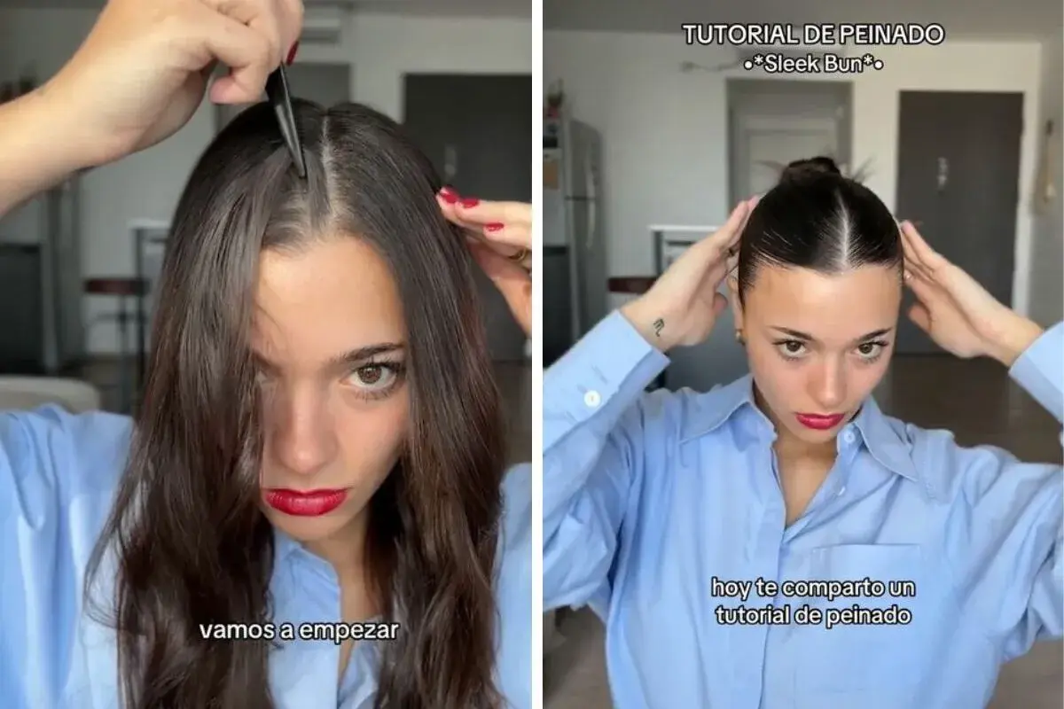 Tutorial de peinado para un look pulido y elegante. La joven se divide el cabello y luego lo recoge en un moño perfecto.
