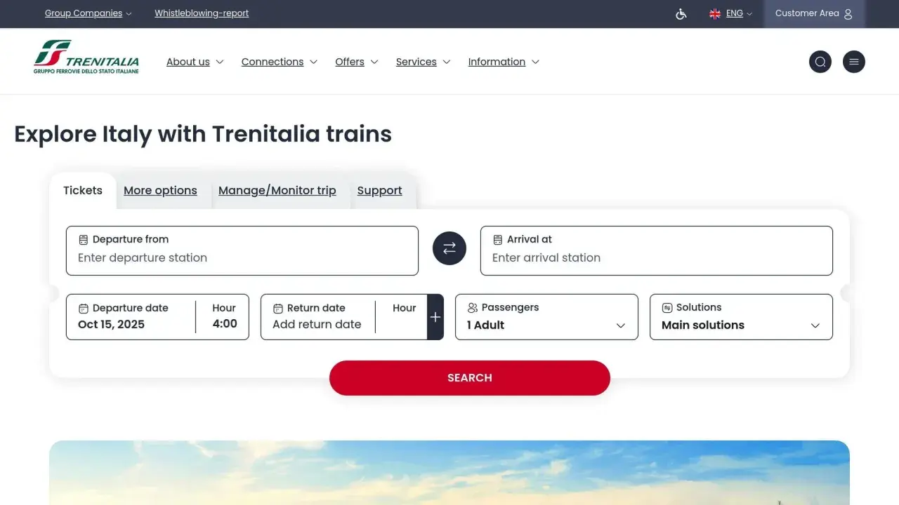 Strona Trenitalia.pl ułatwia podróżowanie po Włoszech. Dowiedz się, jak kupić bilet na pociąg we Włoszech, wypełniając formularz: stacja wyjazdu, przyjazdu, daty i pasażerowie.