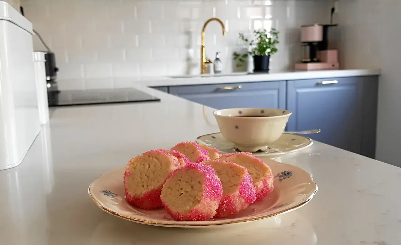 Söta brysselkex med rosa strössel på en tallrik, redo att avnjutas med en kopp kaffe. Ett enkelt brysselkex recept för hembakning.