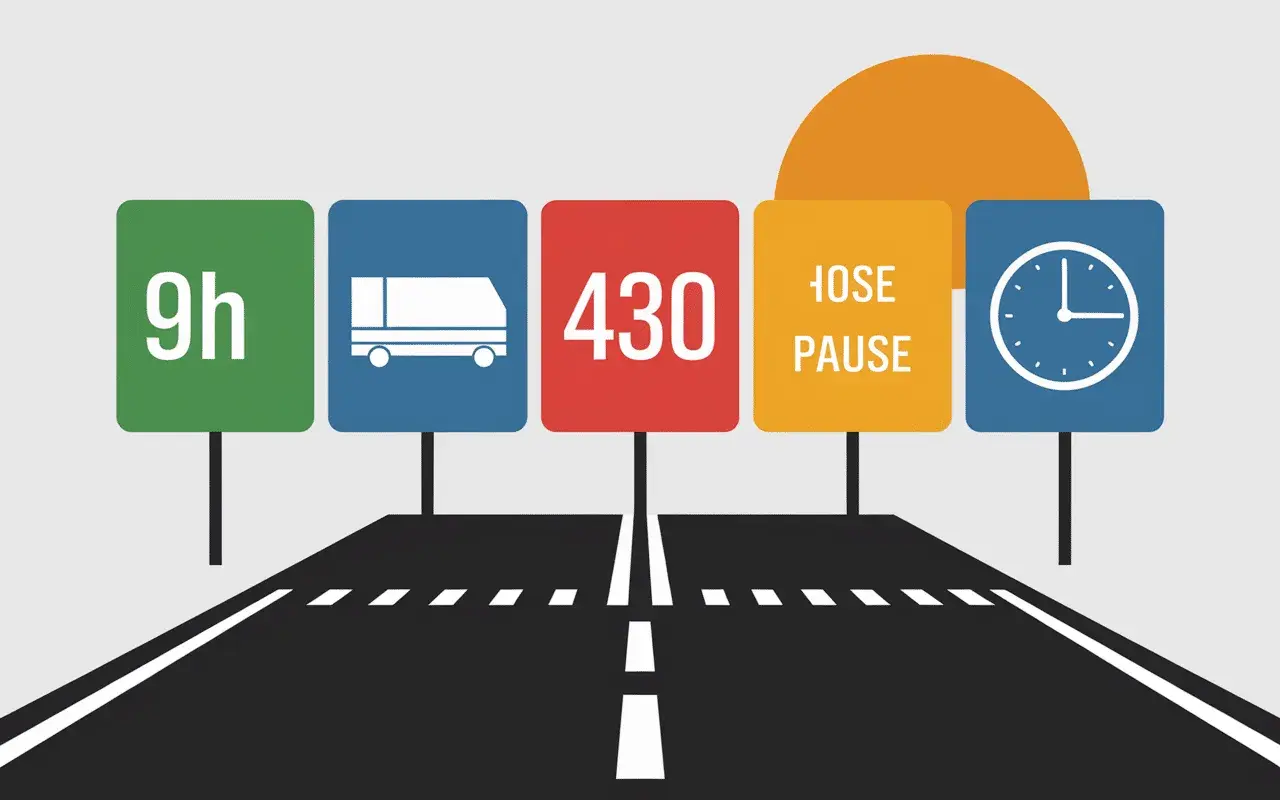 Tableau temps de conduite poids lourd : 9h, camion, 430km, pause, horloge.