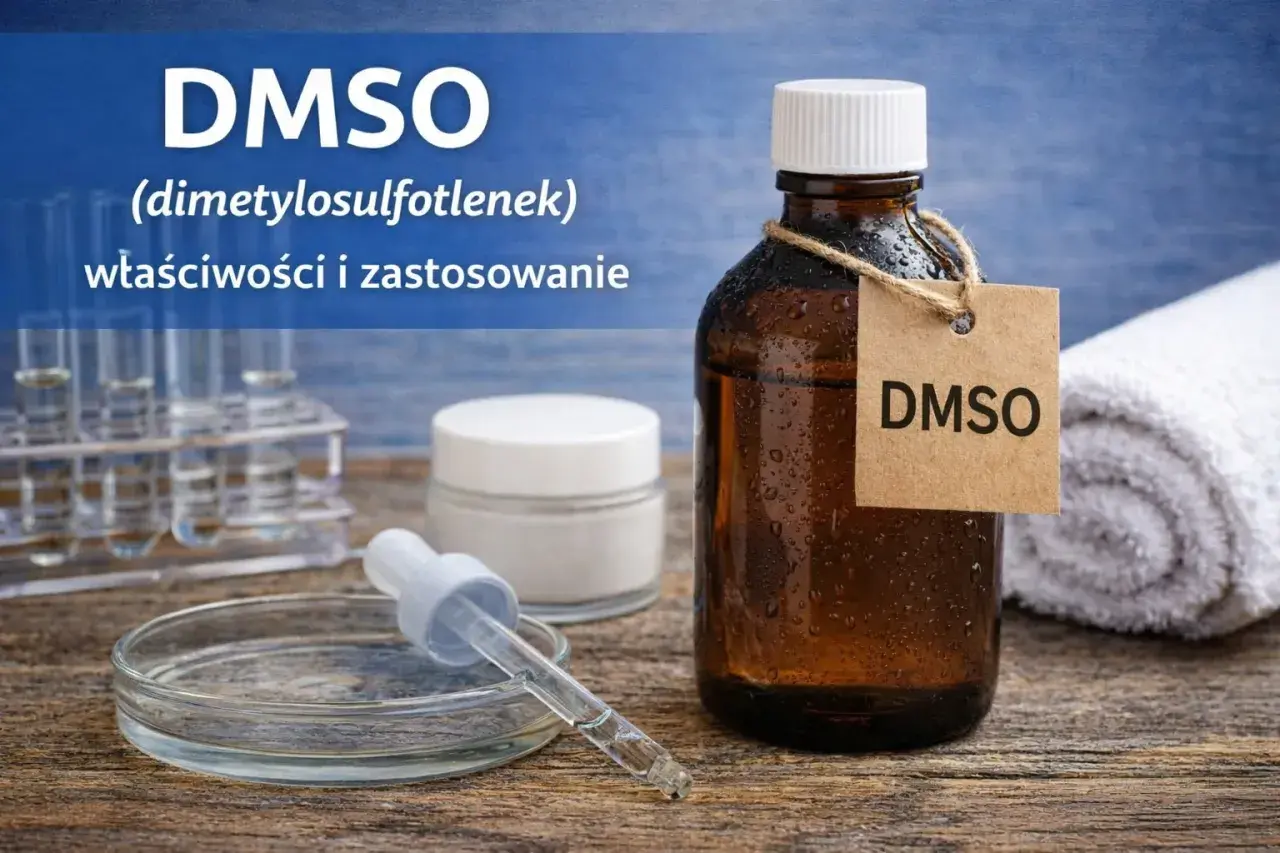 Butelka z DMSO, czyli dimetylosulfotlenkiem, obok kremu i pipety. Dowiedz się, co to jest DMSO, jakie ma właściwości i zastosowanie.