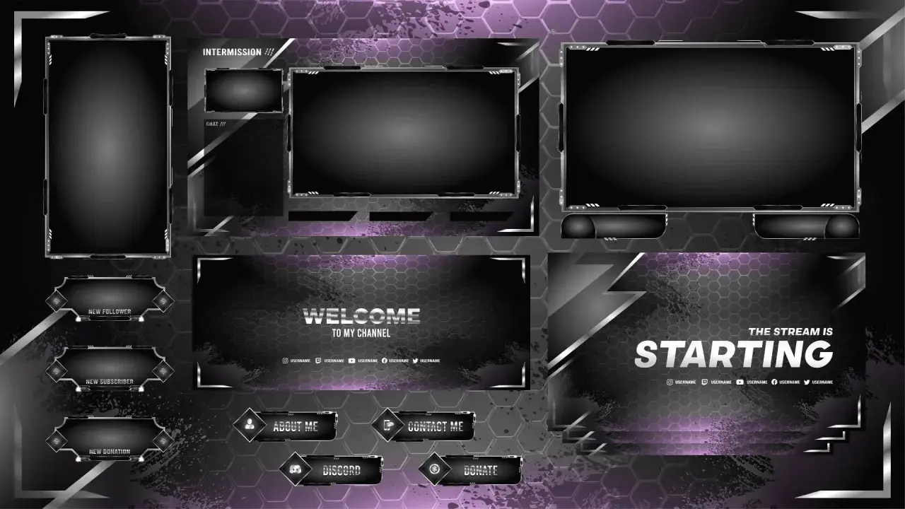 Stream-Overlay-Set mit Hexagon-Muster und lila Akzenten. Enthält "Starting", "Welcome", "Intermission" und Benachrichtigungsfelder. Perfekt für deinen twitch overlay free Stream.
