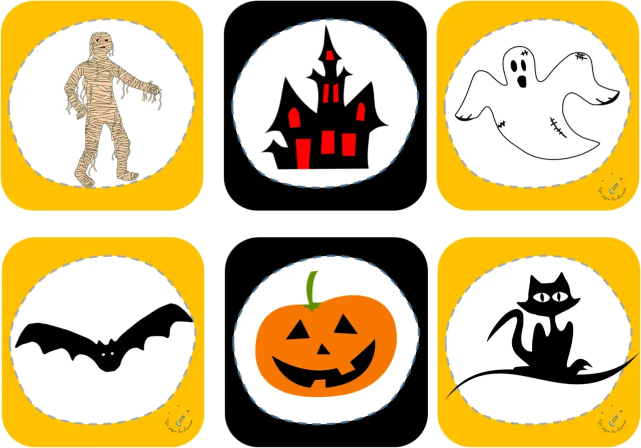 Imágenes de banderines de Halloween para imprimir: momia, casa embrujada, fantasma, murciélago, calabaza y gato negro.