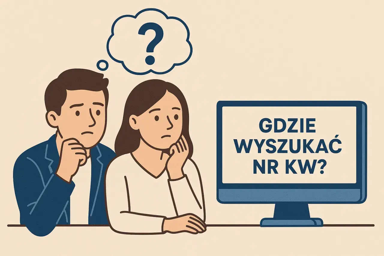 Para zastanawia się, gdzie znaleźć numer księgi wieczystej. Na ekranie komputera widnieje pytanie "GDZIE WYYSZUKAĆ NR KW?".