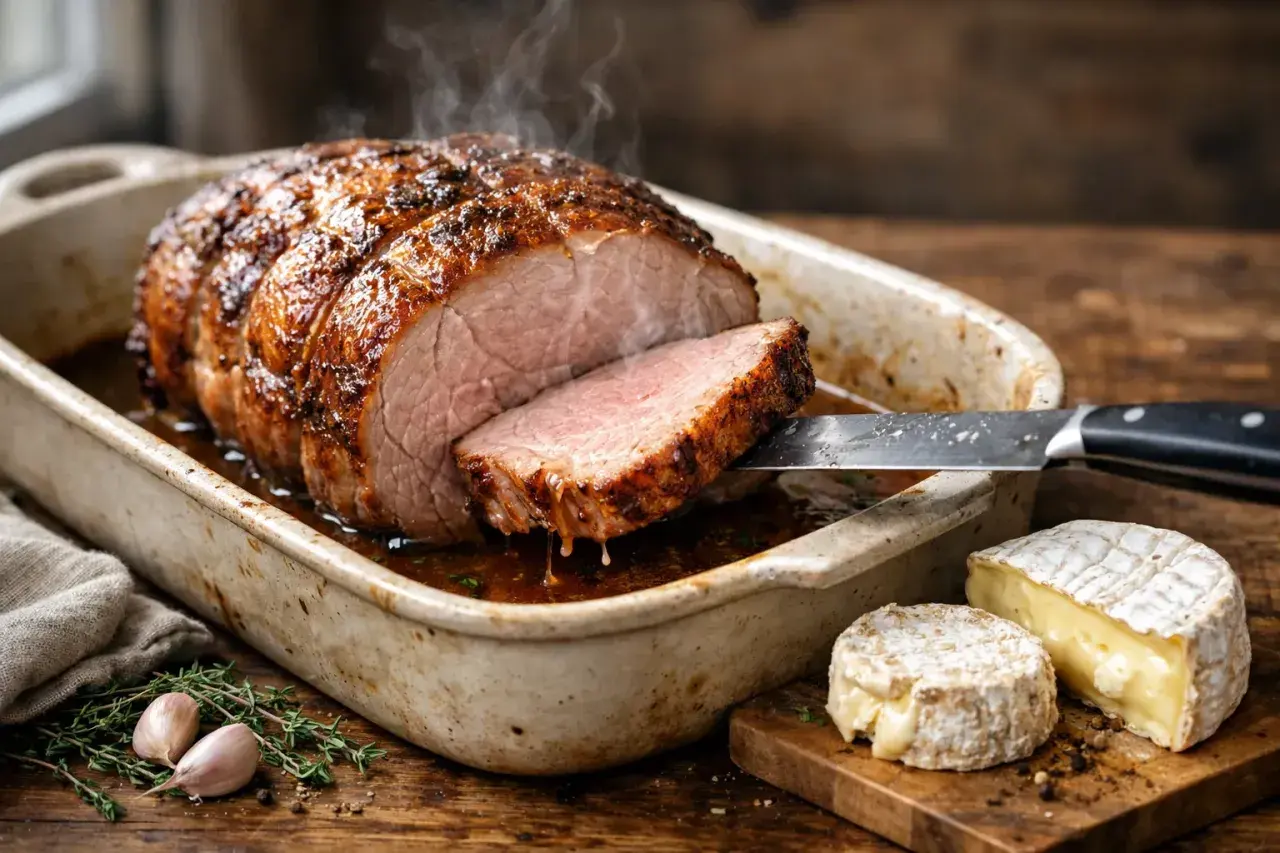 Une cote de veau rôtie et juteuse, tranchée et servie dans un plat, avec du fromage coulant et des herbes fraîches.