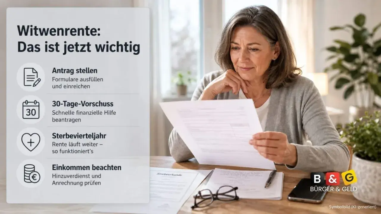 Frau liest Dokumente zur Witwenrente nach dem Tod ihres Partners. Wichtige Infos: Antrag, Vorschuss, Sterbevierteljahr, Einkommen.