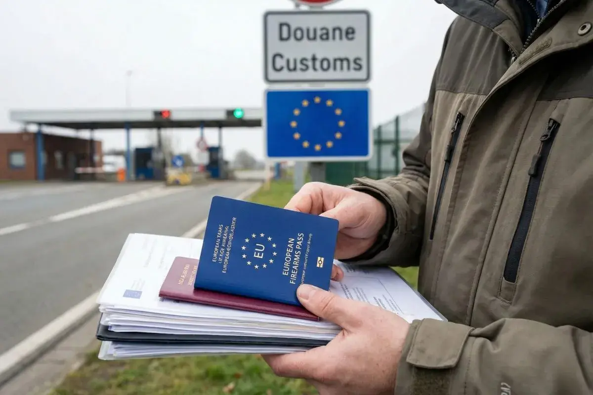 Mężczyzna trzyma stos dokumentów, w tym europejską kartę broni, na tle granicy celnej UE.