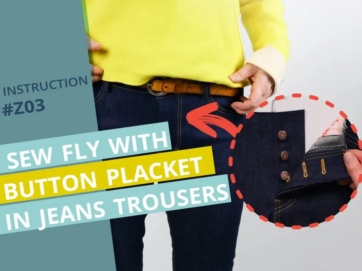 Instructional image showing how to sew a button placket fly in jeans trousers. Close-up shows three buttons and buttonholes.