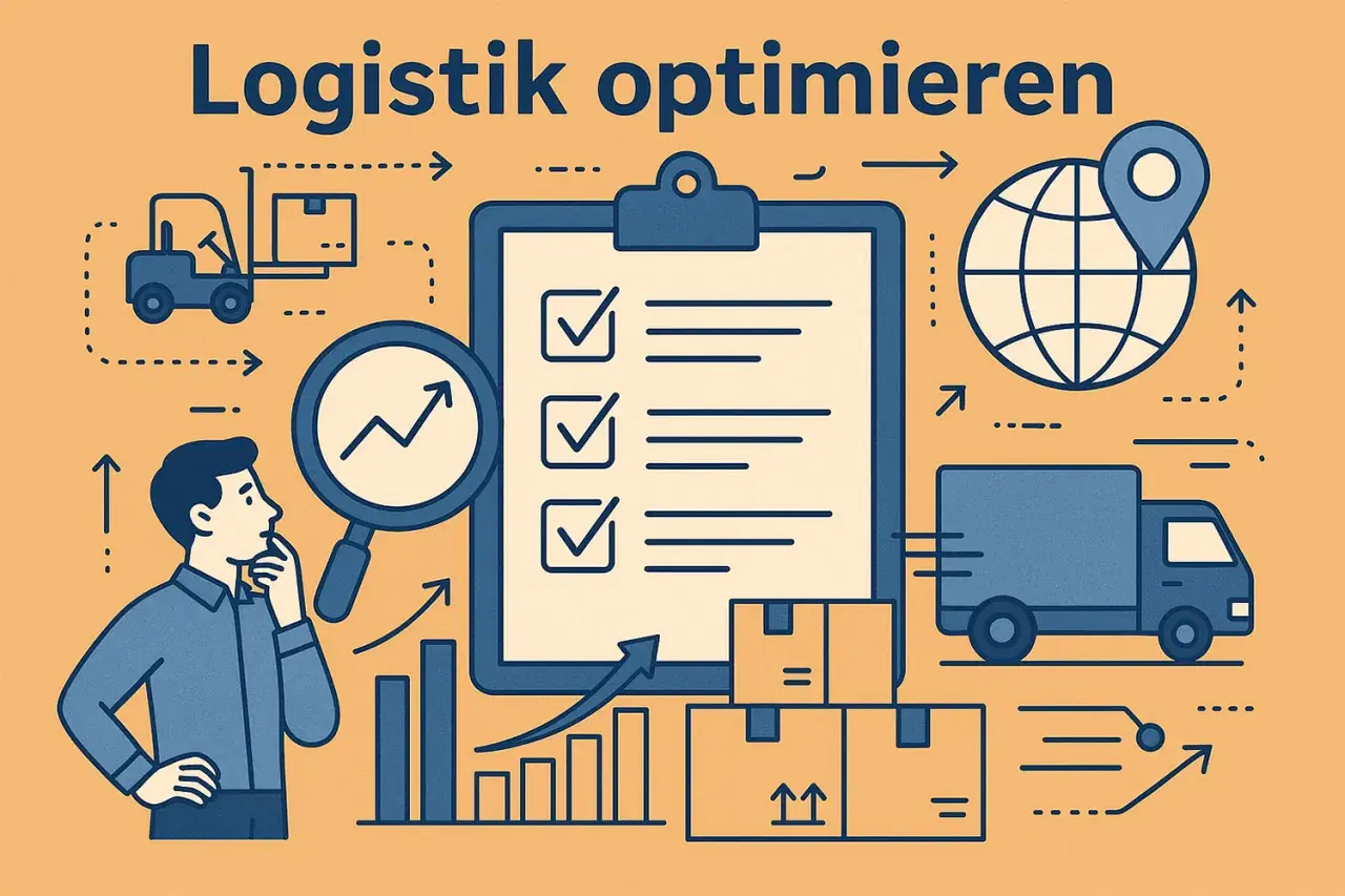 Mann plant die Optimierung von warehousing and logistics. Gabelstapler, LKW, Pakete, Checkliste und Diagramme symbolisieren Effizienzsteigerung.