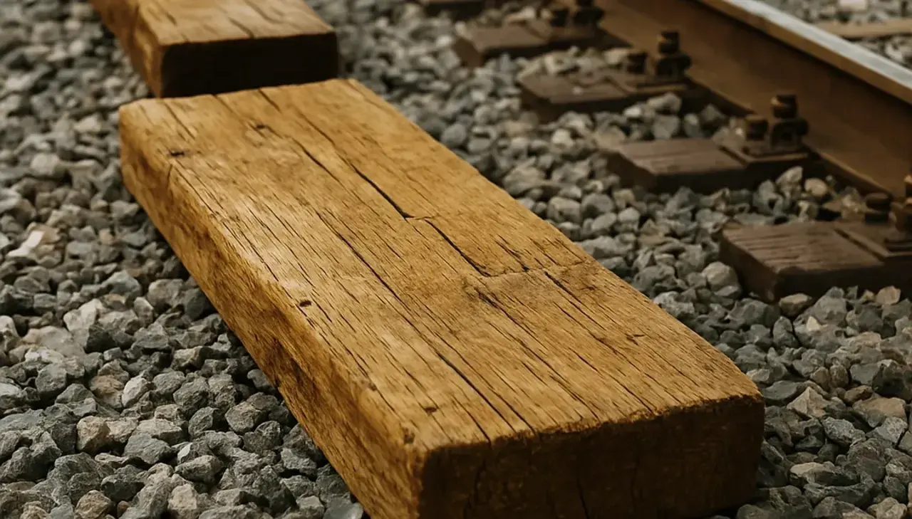 Stare, drewniane podkłady kolejowe czekają na utylizację. Widać szuter i fragmenty torów.
