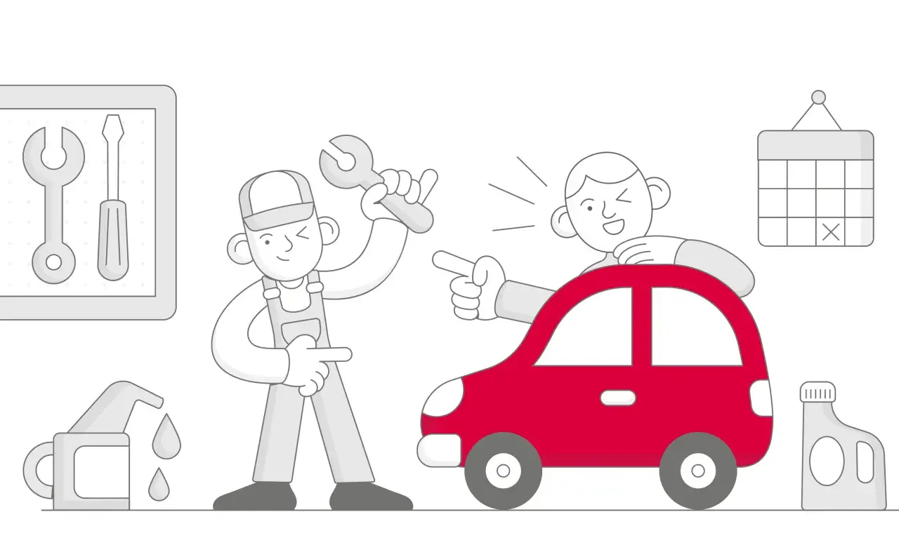 Meccanico e cliente discutono cosa comprende il tagliando auto. Olio, chiavi e calendario indicano la manutenzione.