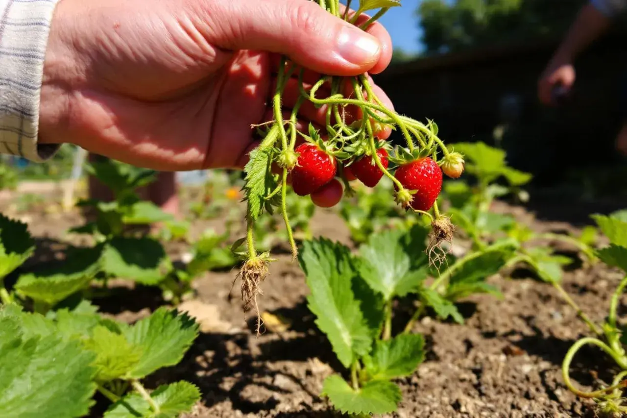 Main d'une personne tenant un bouquet de fraises fraîchement cueillies. L'arrosage fraise est essentiel pour obtenir de beaux fruits.