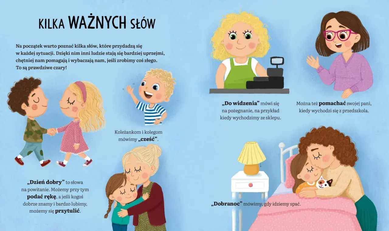 Ilustracja przedstawia dzieci uczące się dobrych manier: witające się, żegnające, przytulające się i mówiące dobranoc.