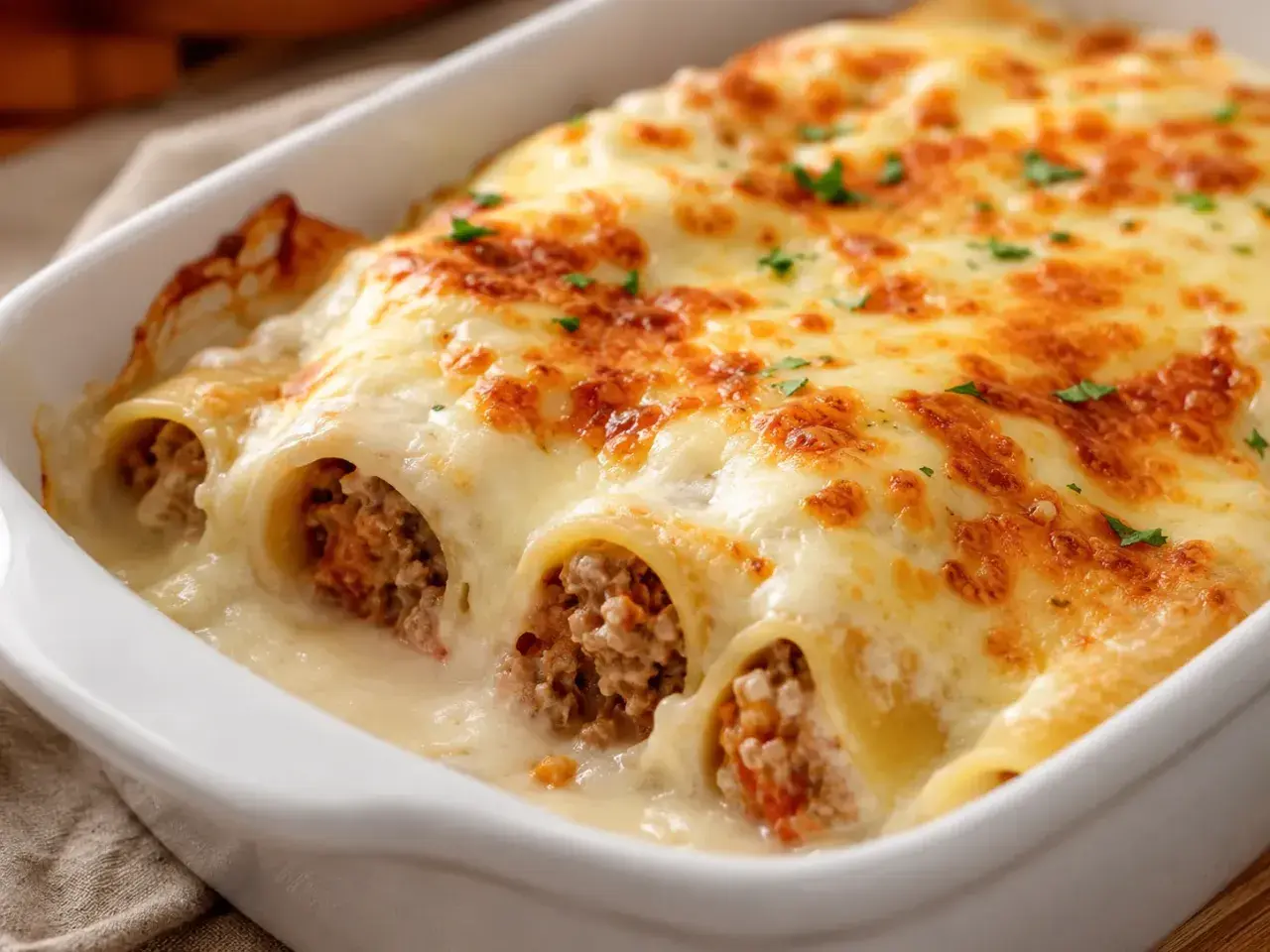 Canelones de carne gratinados con queso derretido y perejil picado, listos para disfrutar.