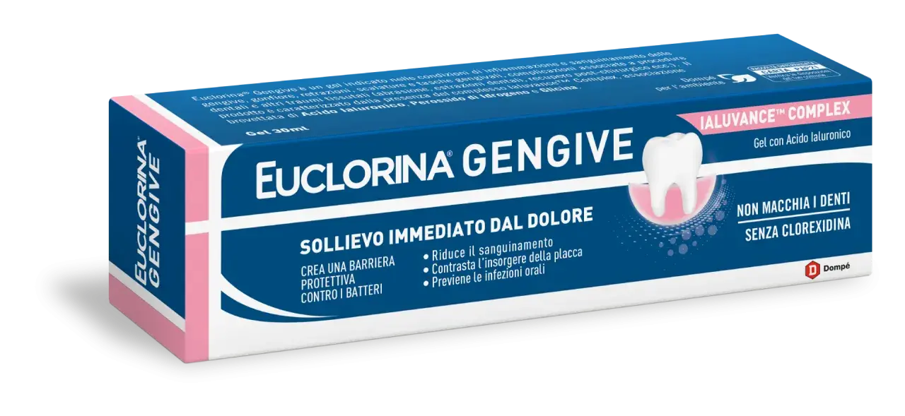 Gel Euclorina Gengive per sollievo immediato dal dolore, crea una barriera protettiva contro i batteri e previene le infezioni orali. Non macchia i denti, senza clorexidina.