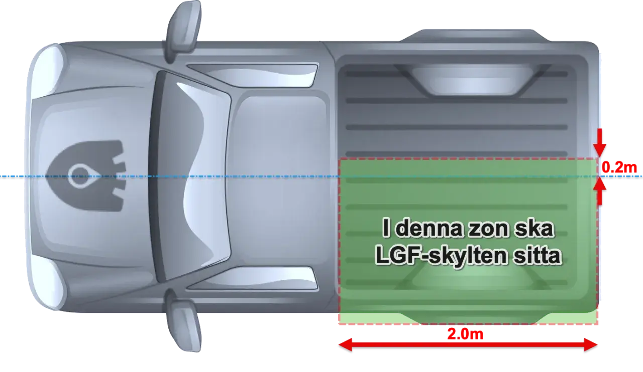Översiktsbild av en traktor med en markerad zon där en LGF-skylt ska sitta.