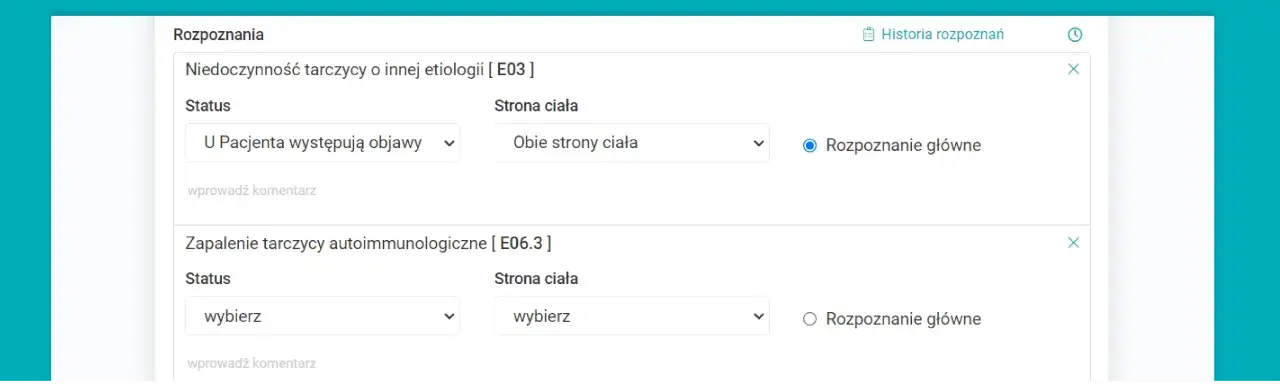 Zapis medyczny z rozpoznaniem niedoczynności tarczycy (E03) i zapalenia tarczycy (E06.3). Brak informacji o ICD 10 F84.