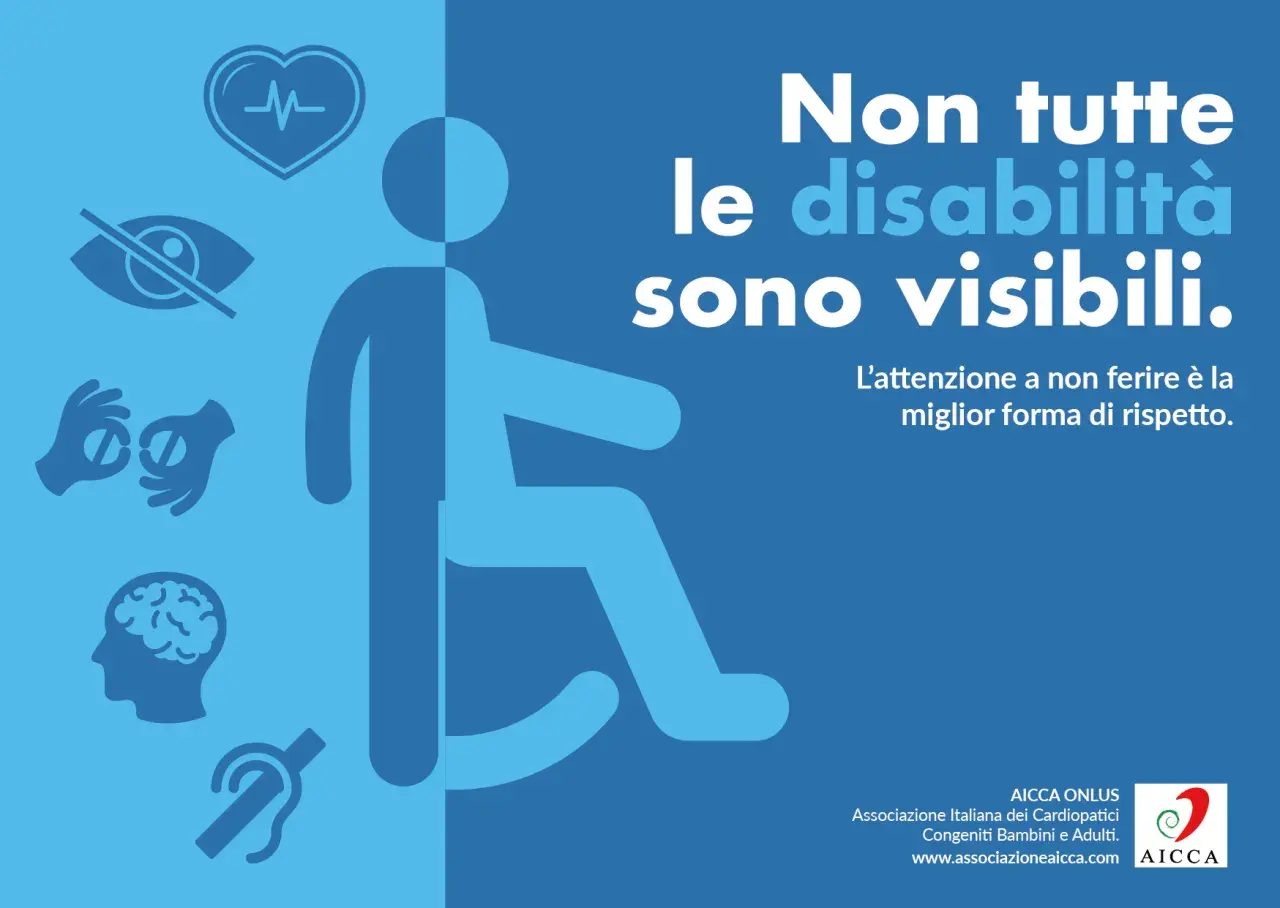Non tutte le disabilità sono visibili. Icone mostrano cuore, occhio coperto, mani con pillole, cervello, orecchio. Rispetto per chi vive una disabilità invisibile.