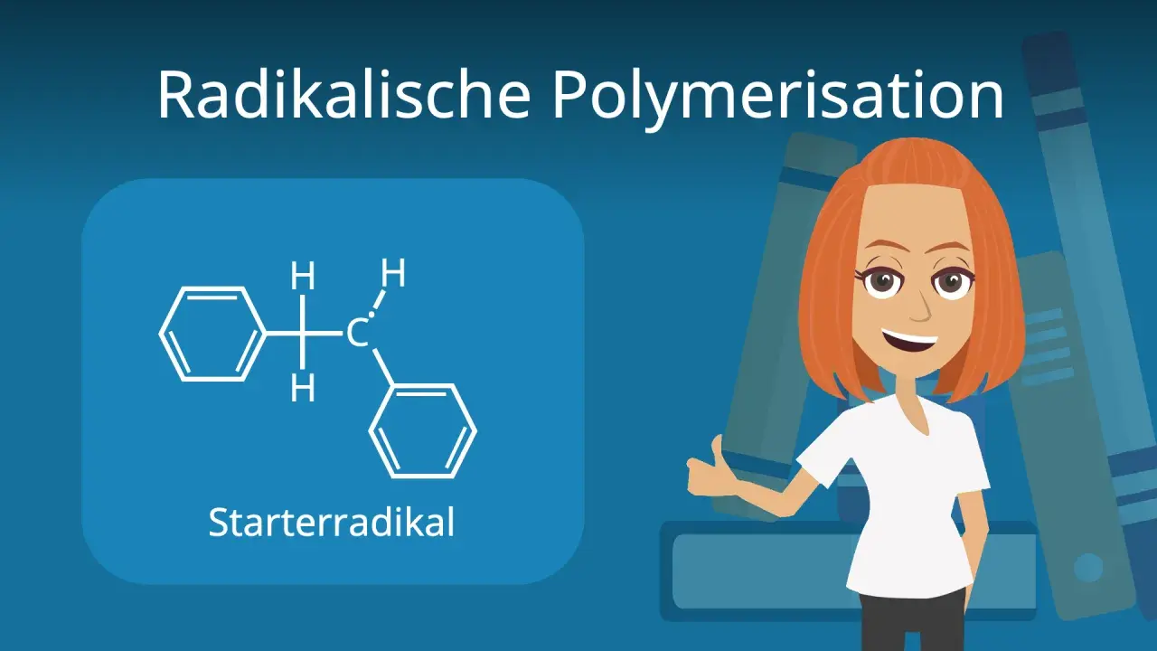 Eine Frau erklärt die radikalische Polymerisation anhand eines Starterradikals.