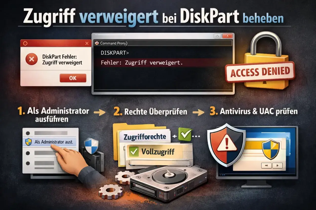 Fehler "DiskPart: Zugriff verweigert" beheben: Als Administrator ausführen, Rechte prüfen, Antivirus & UAC checken.