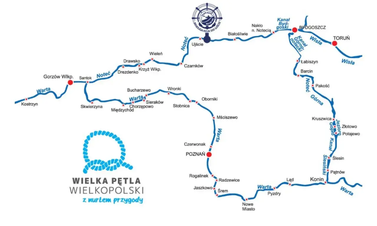 Mapa Wielkiej Pętli Wielkopolski z zaznaczonymi rzekami Wartą i Notecią, w tym dopływ Noteci.