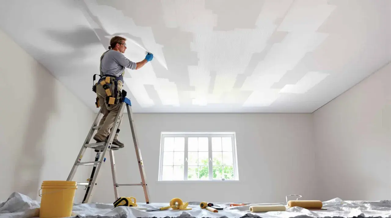 Un peintre sur une échelle applique une toile de rénovation plafond. Des rouleaux et un seau sont prêts.