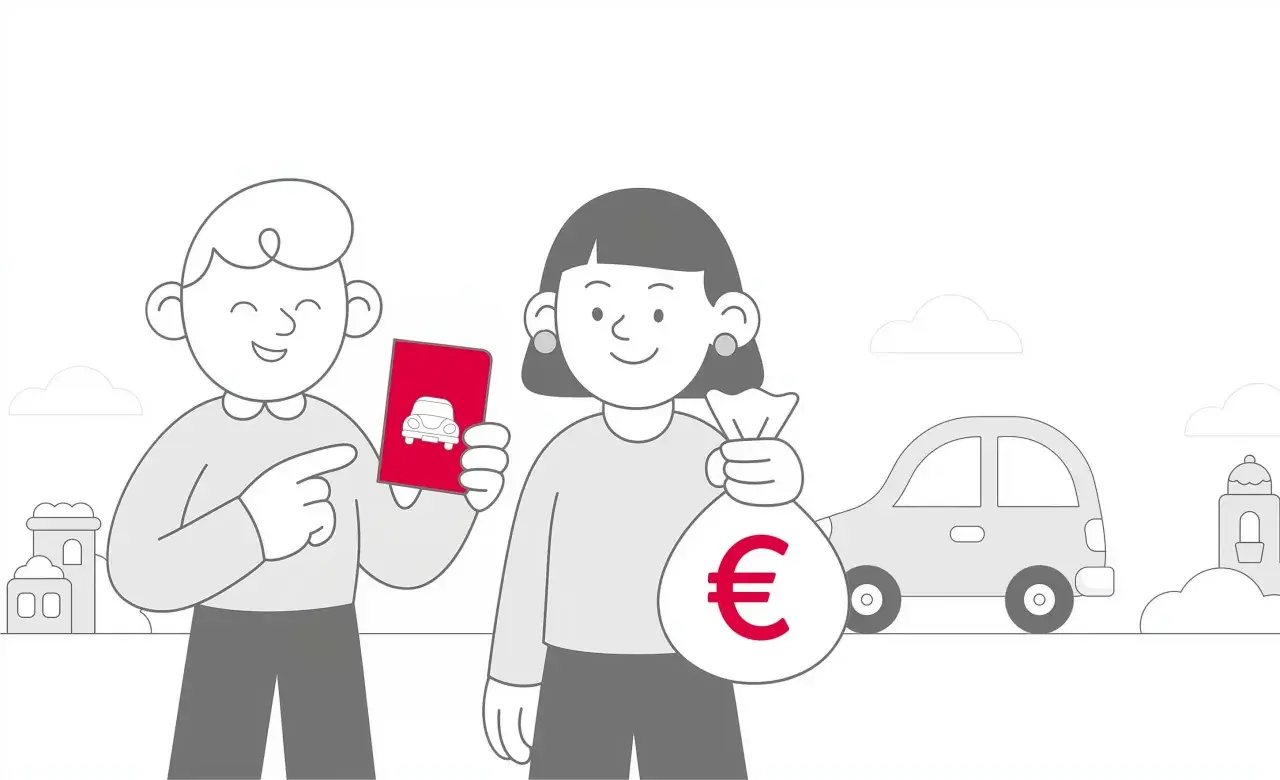 Uomo indica un'app per auto, donna tiene un sacco di soldi con simbolo euro. Un'auto sullo sfondo suggerisce un mini passaggio di proprietà.