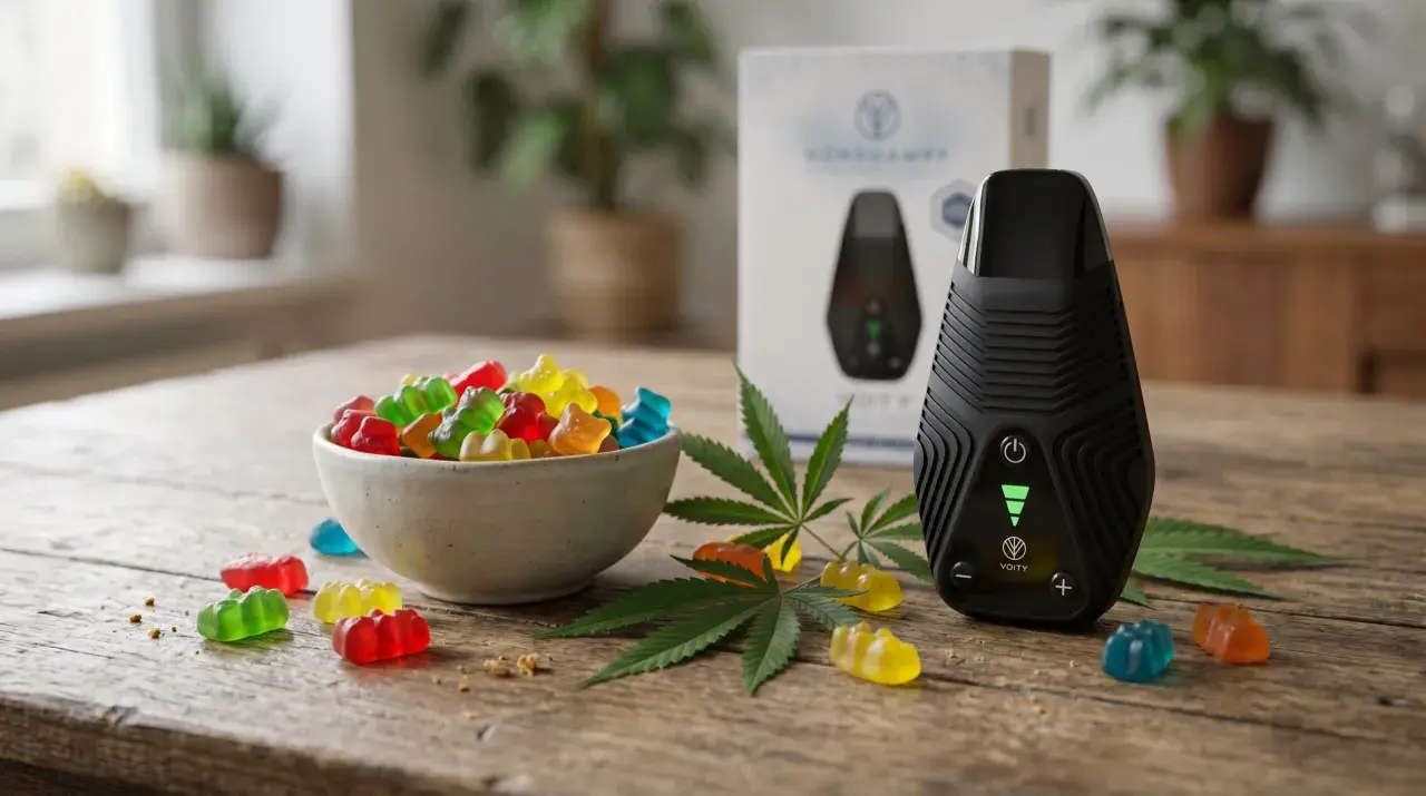 Bunte Hanf Gummibärchen liegen neben einem Vaporizer und Hanfblättern auf einem Holztisch.