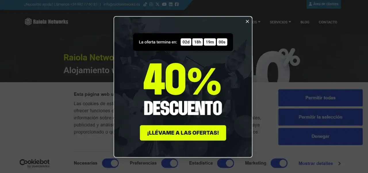 Ventana emergente que anuncia un 40% de descuento. La oferta termina pronto. ¡Aprovecha la promoción!