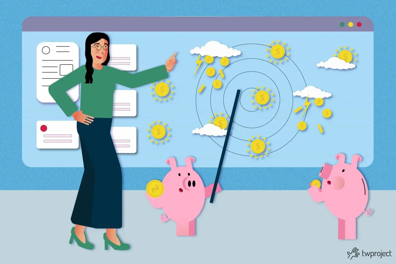 Donna spiega grafici con monete e maialini salvadanaio, illustrando il budget aziendale.