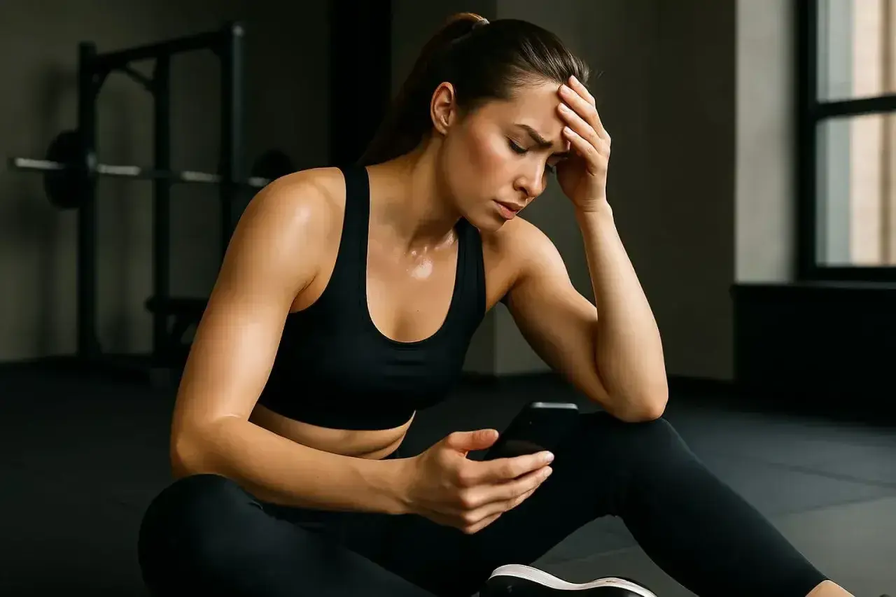 Zmęczona kobieta w siłowni sprawdza telefon, zastanawiając się, ile razy w tygodniu ćwiczyć, by osiągnąć cel.
