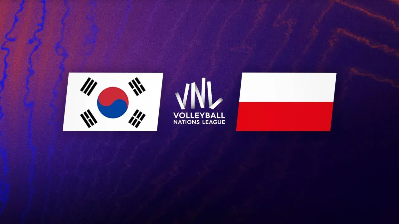 Flaga Korei Południowej i Polski obok logo VNL. Emblematy narodowe symbolizują starcie w siatkarskiej Lidze Narodów.