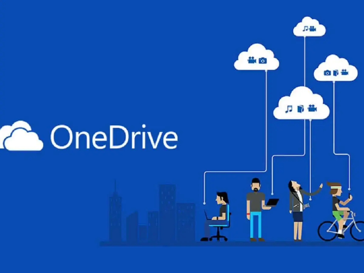 Personas interactuando con la nube de OneDrive, mostrando la copia de seguridad de archivos y datos.
