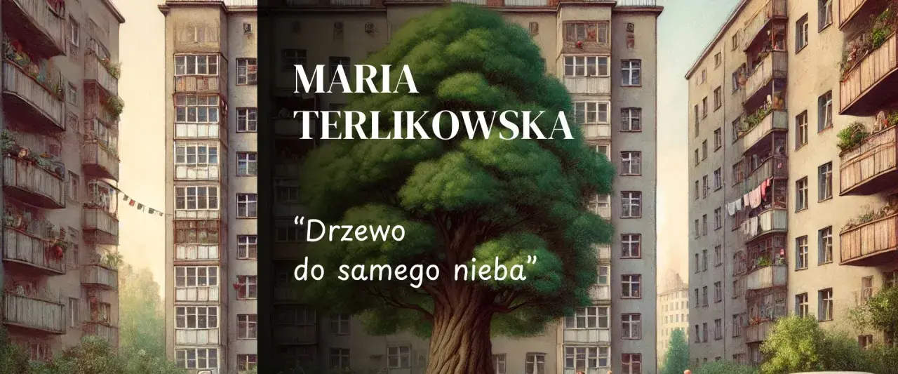 Duże, zielone drzewo wyrasta między blokami mieszkalnymi.