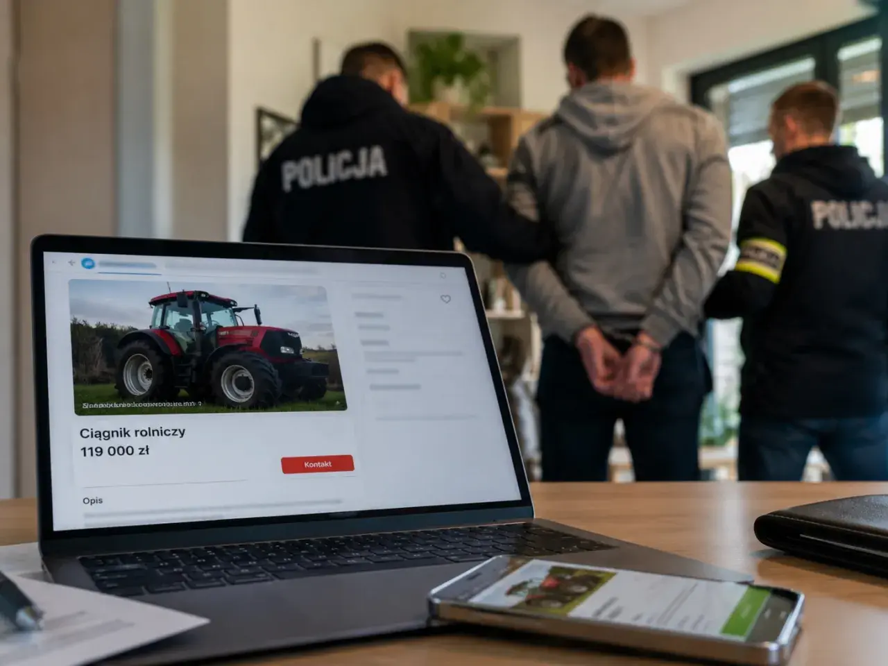 Policja zatrzymała mężczyznę podejrzanego o przekręt nigeryjski. Na ekranie laptopa widnieje oferta sprzedaży ciągnika rolniczego.