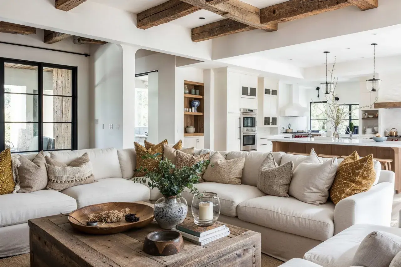 A cozy living room showcasing types of rustic interior design, featuring exposed wooden beams, a distressed coffee table, and textured neutral furnishings.