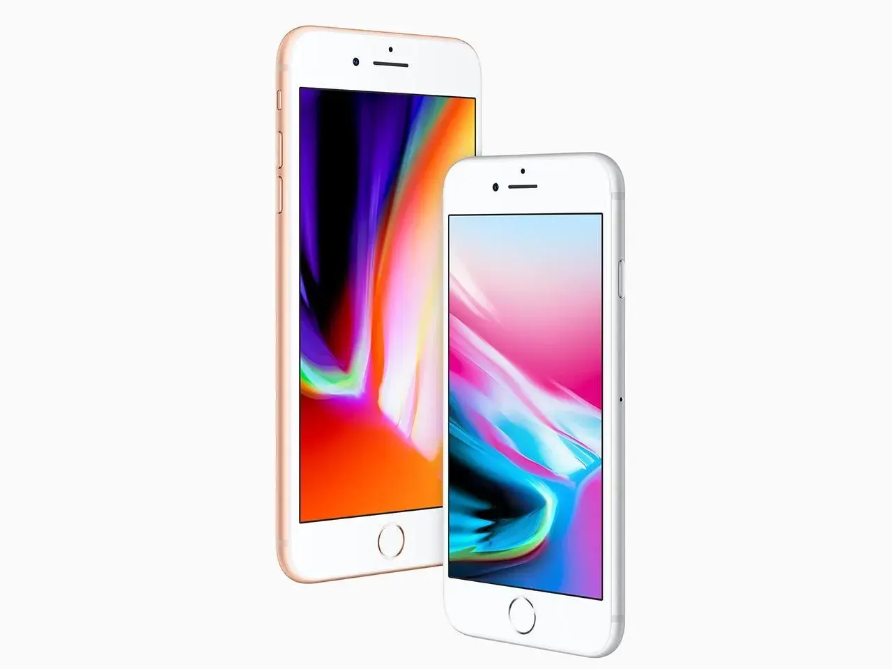 Dwa iPhone'y 8, złoty i srebrny, z kolorowymi tapetami. Pamiętasz, kiedy iPhone 8 kiedy wyszedł?