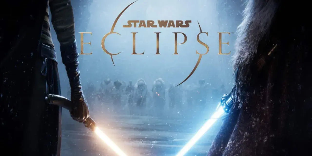 Star Wars Eclipse: dwaj rycerze z mieczami świetlnymi, jeden z żółtym, drugi z niebieskim, stoją naprzeciw siebie na mroźnym polu bitwy.