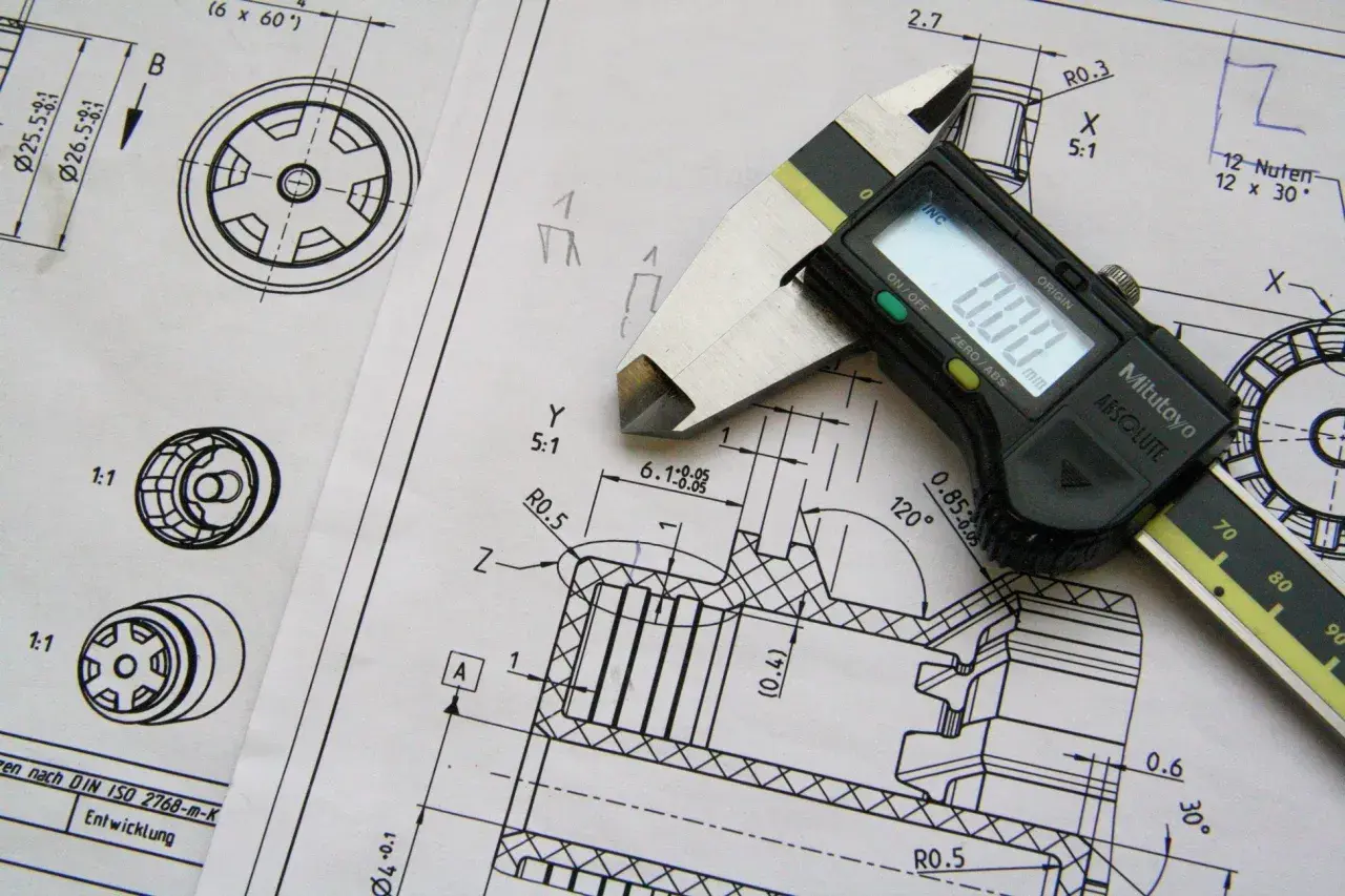 Rysunek techniczny z suwmiarką cyfrową Mitutoyo. Precyzyjne wymiary i detale części mechanicznych.
