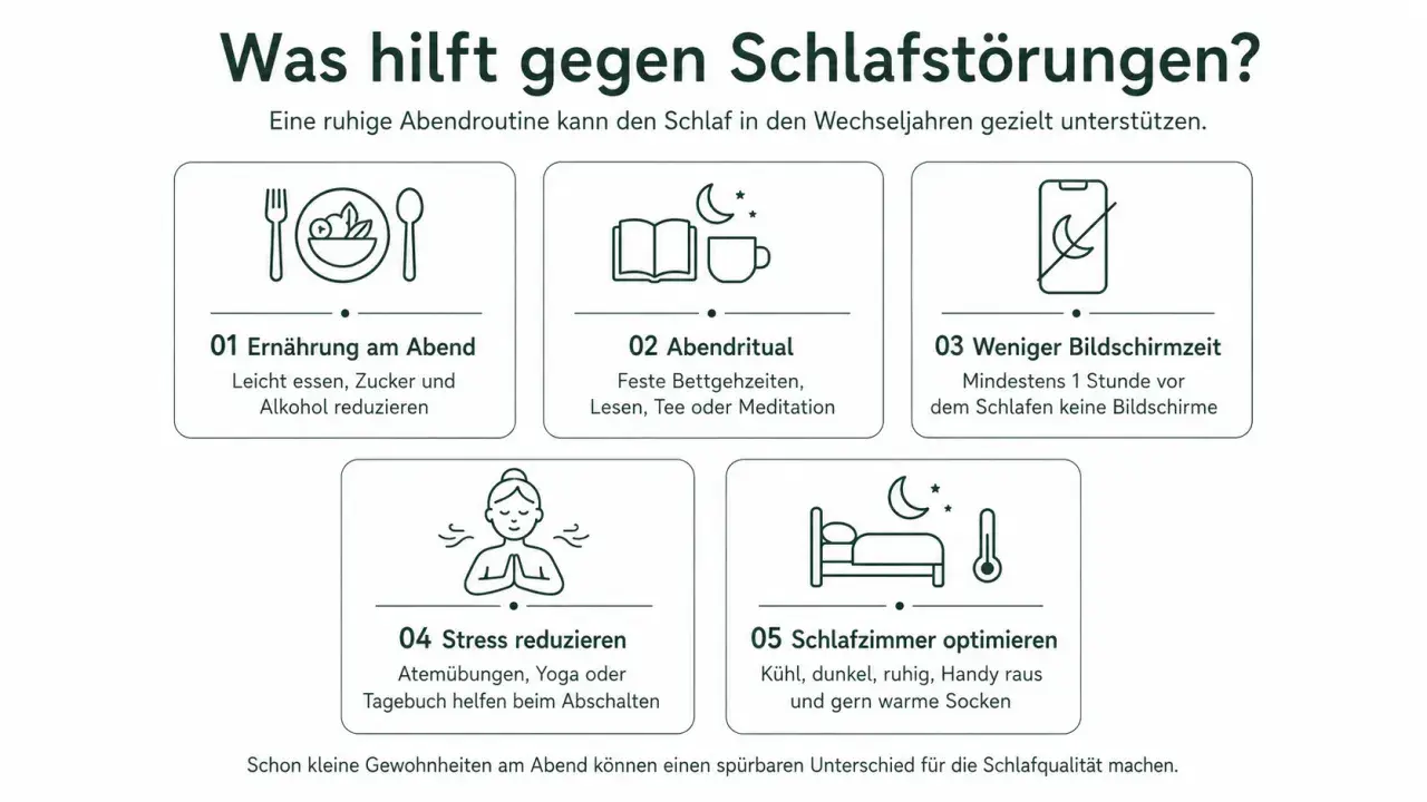 Tipps gegen Schlafprobleme in den Wechseljahren: Abendroutine mit leichter Ernährung, Ritualen, weniger Bildschirmzeit, Stressreduktion & optimiertem Schlafzimmer.