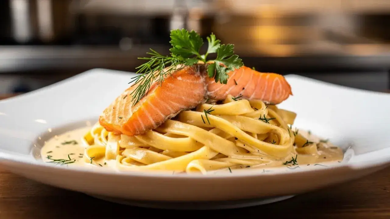 Délicieuses tagliatelles au saumon, nappées d'une sauce crémeuse et garnies d'aneth et de persil frais. Un plat savoureux et coloré.