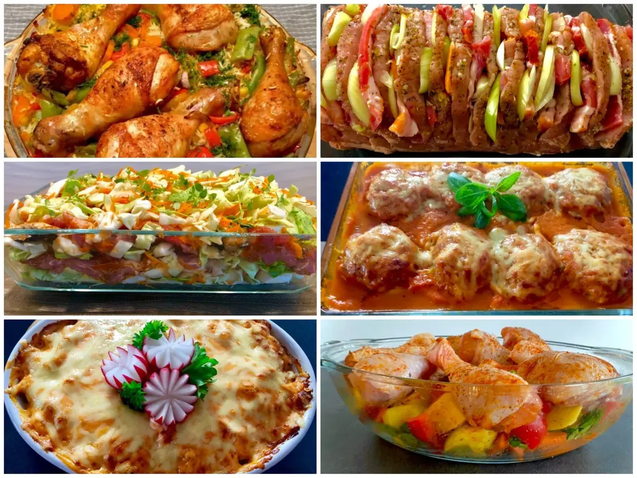Pyszny obiad z piekarnika: pieczony kurczak, zapiekanka, klopsiki w sosie i pieczeń.